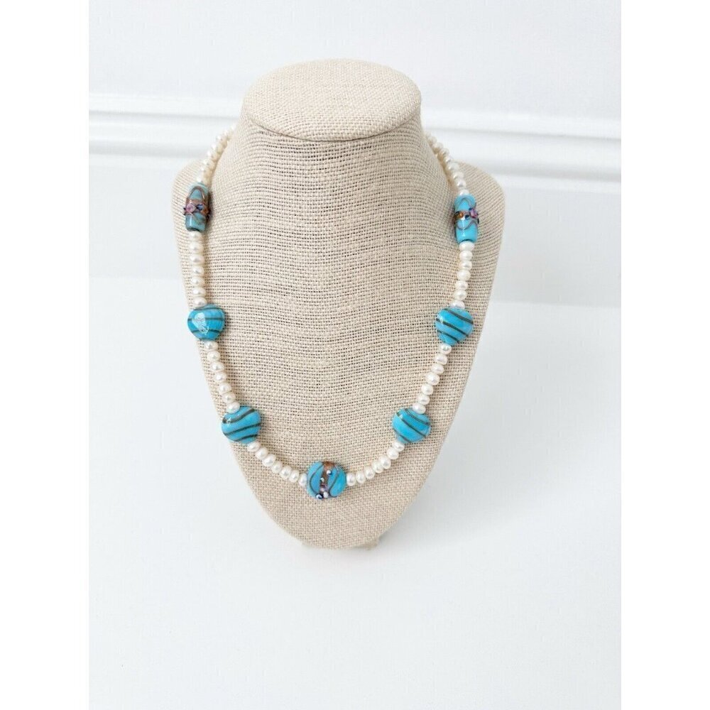 NWT Genuine Glass Beads & Pearls Necklace Blue White